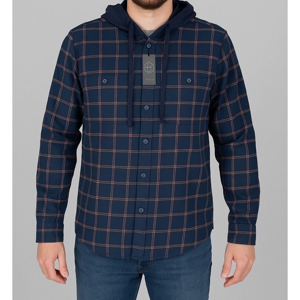 Original Use Mens Navy‎ Plaid Hooded Flannel Shirt Long Sleeve Size M
